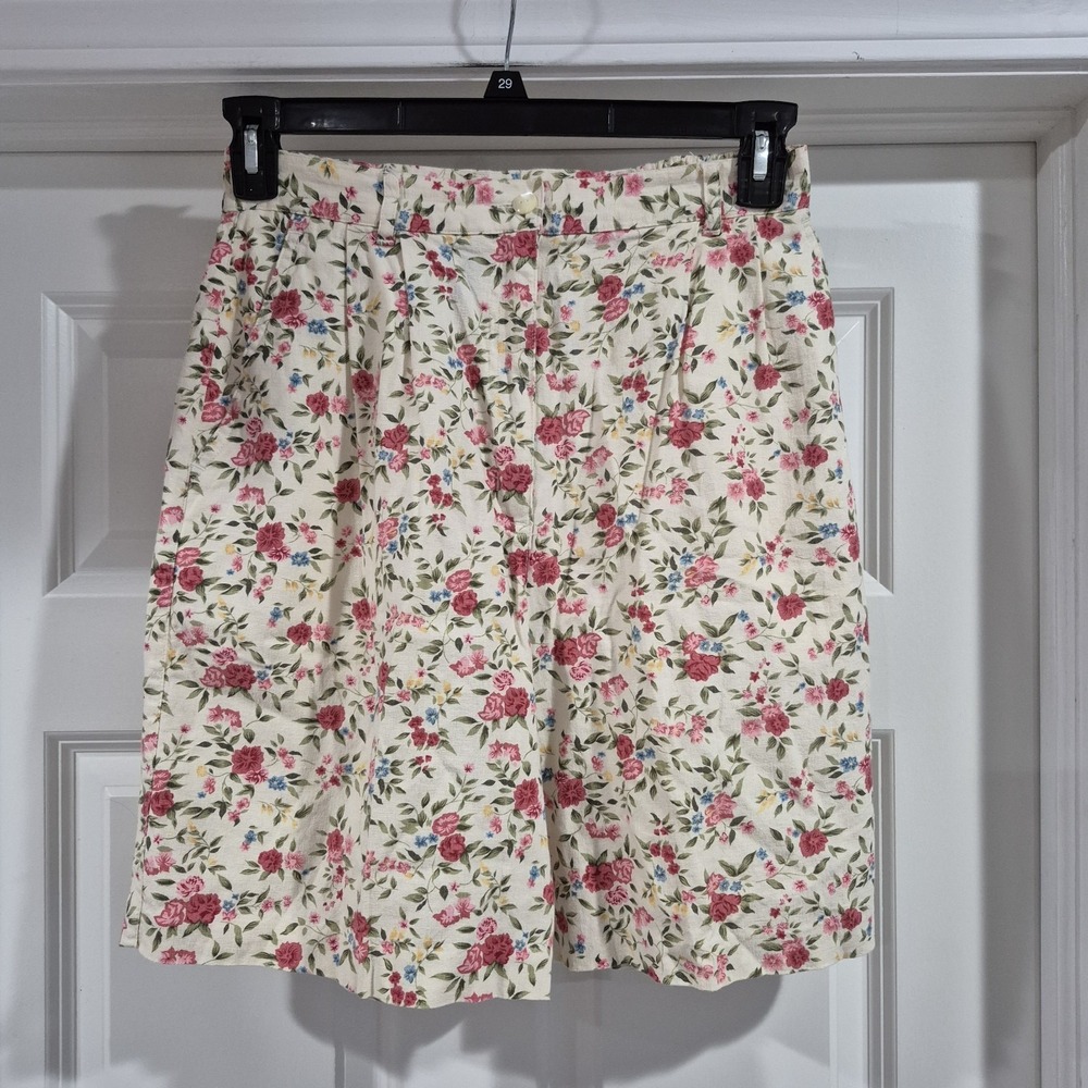 Vintage Shorts Womens 10 Cream Floral Linen Blend High Rise Pleated Cottagecore